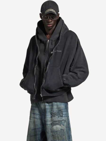 [발렌시아가] 남성 레이어드 집업 후디 페이디드 블랙 858133