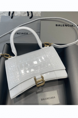 [발렌시아가] 아워글래스 스몰 크로커다일 엠보싱 핸드백 화이트 은장/금장 5935461LRGM9016