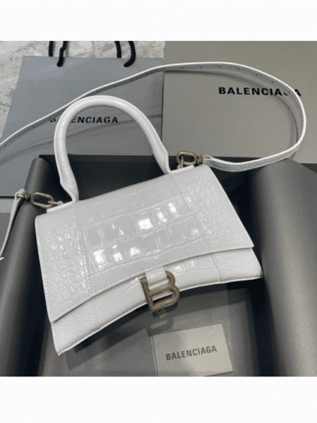 [발렌시아가] 아워글래스 스몰 크로커다일 엠보싱 핸드백 화이트 은장/금장 5935461LRGM9016