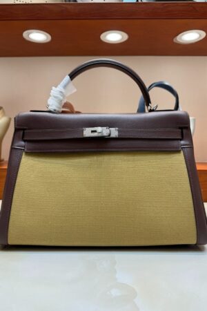 [에르메스] 켈리 35cm Swift/ Rouge Sellier/Kaki Canvas - Silver