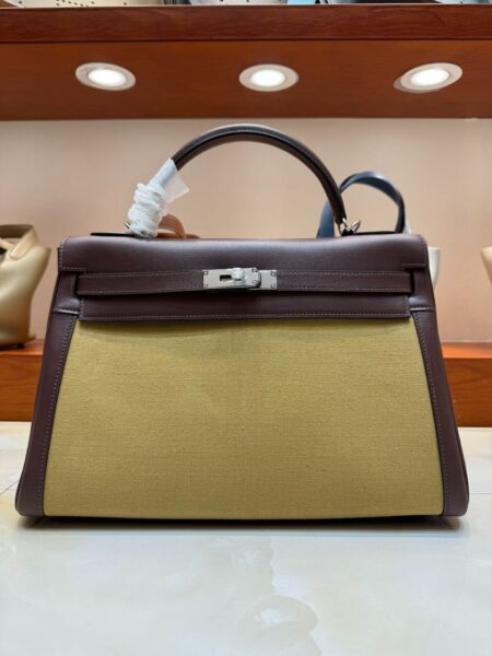 [에르메스] 켈리 35cm Swift/ Rouge Sellier/Kaki Canvas - Silver