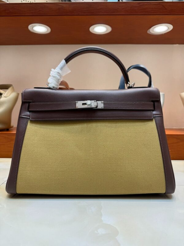 [에르메스] 켈리 35cm Swift/ Rouge Sellier/Kaki Canvas - Silver