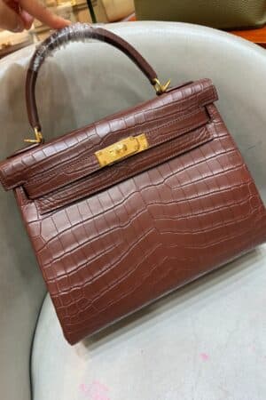 [에르메스] 켈리 28cm Matte Alligator Crocodile/ Bordeaux - Gold