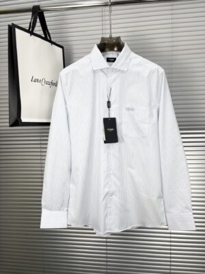 [펜디] 스트라이프 코튼 포플린 로고 자수 셔츠