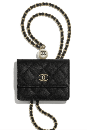 [샤넬] CC 캐비어 플랩 금장 체인 목걸이 카드지갑 AP2119