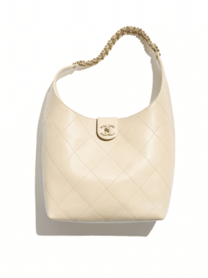 [샤넬] 라지 호보 핸드백 램스킨 베이지 골드 메탈 AS5410