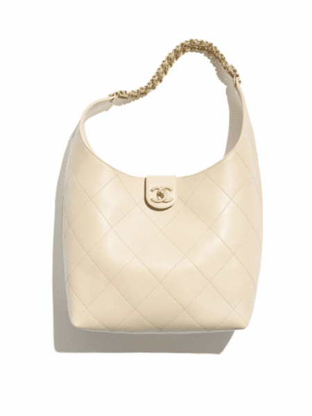 [샤넬] 라지 호보 핸드백 램스킨 베이지 골드 메탈 AS5410