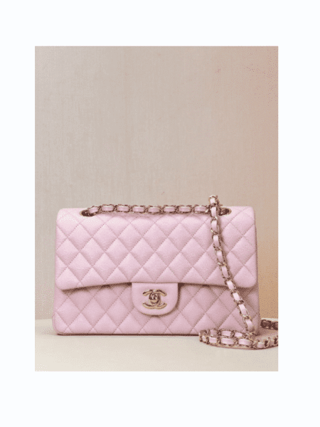 [샤넬] 클래식 플랩백 라이트 핑크 캐비어 카프스킨 금장 A01112