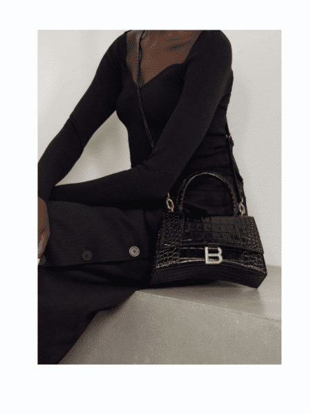 [발렌시아가] 아워글래스 스몰 크로커다일 엠보싱 핸드백 블랙 은장/금장 5935461LRGM1000