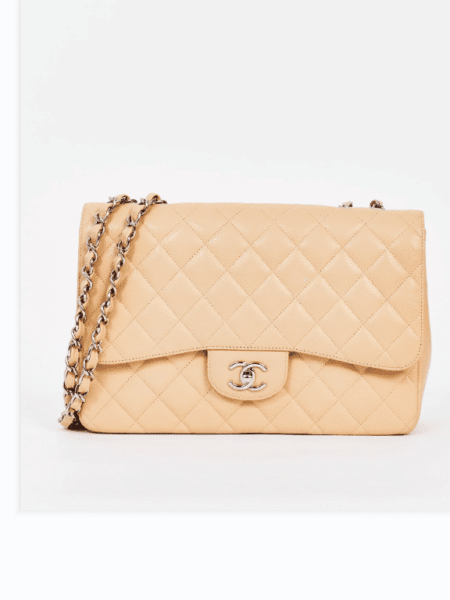 [샤넬] 클래식 라지 플랩 백 캐비어 베이지 은장 A58600