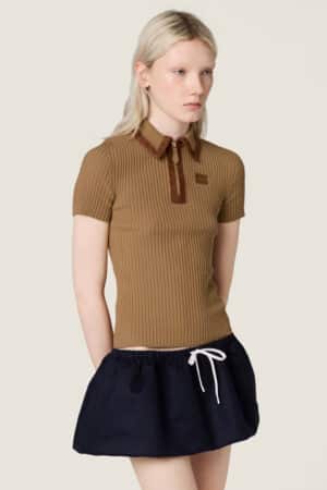 [미우미우] 리브드 니트 캐시미어 폴로 스웨터