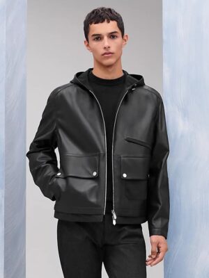 [에르메스] 레더 디테일 리버서블 지퍼 후드 재킷