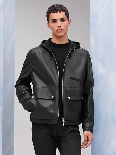 [에르메스] 레더 디테일 리버서블 지퍼 후드 재킷