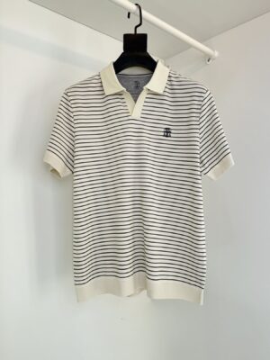 [브루넬로 쿠치넬리] V넥 스트라이프 니트 숏 슬리브 티셔츠 (3 COLORS)