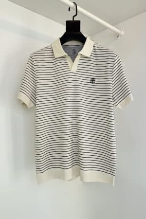 [브루넬로 쿠치넬리] V넥 스트라이프 니트 숏 슬리브 티셔츠 (3 COLORS)