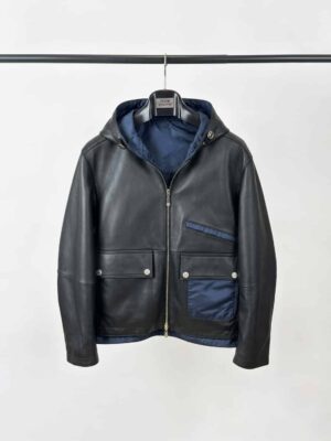 [에르메스] 레더 디테일 리버서블 지퍼 후드 재킷