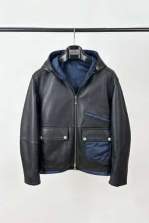 [에르메스] 레더 디테일 리버서블 지퍼 후드 재킷