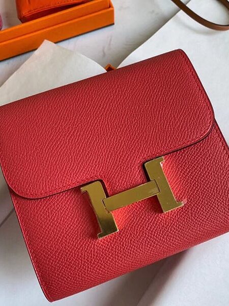 [에르메스] 콘스탄스 반지갑 E5 Rose Tyrien Epsom 송아지가죽 금장