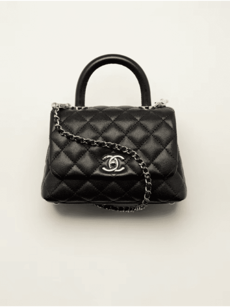 [샤넬] 핸들 장식의 미니 플랩 백 그레인드 카프스킨 골드 메탈 블랙 AS2215