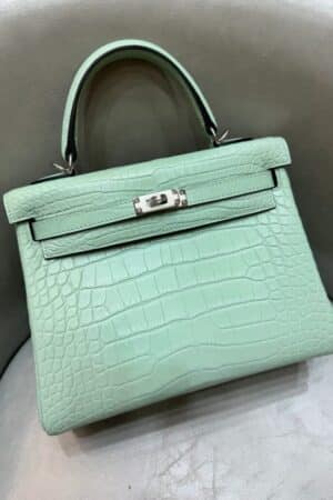 [에르메스] 켈리 25cm Matte Alligator Crocodile/ Vert d'eau - Silver