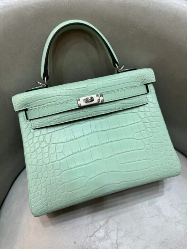 [에르메스] 켈리 25cm Matte Alligator Crocodile/ Vert d'eau - Silver