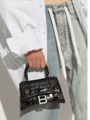 [발렌시아가] 아워글래스 XS 크로커다일 엠보싱 핸드백 블랙 은장/금장 5928331LRGM1000