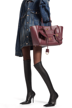 [발렌시아가] 여성 벨 에어 미디엄 캐리 올 백 버건디 골드 장식 8054812ABAV6034