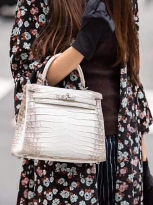 [에르메스] 켈리 25cm Himalaya Niloticus Crocodile/ Himalayan Blanc - Silver