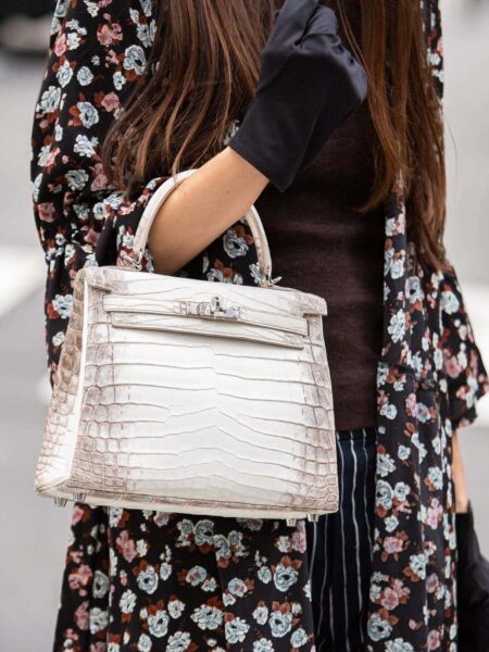 [에르메스] 켈리 25cm Himalaya Niloticus Crocodile/ Himalayan Blanc - Silver