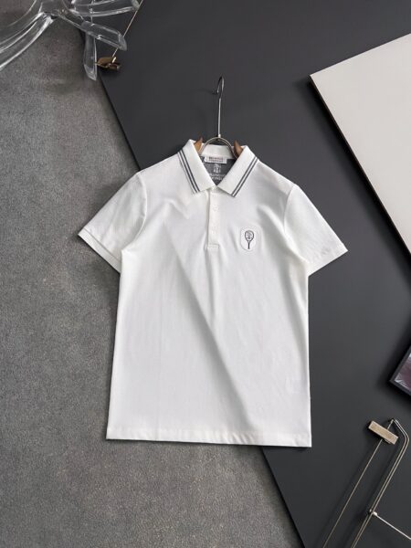 [브루넬로 쿠치넬리] 네이비 배색 쉴드 자수 반팔 폴로 (4 COLORS)