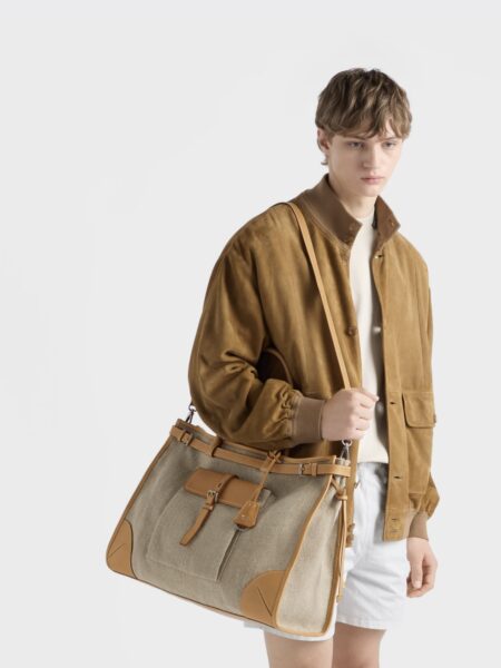 [프라다] 보니 린넨 및 가죽 토트 백 2VG128