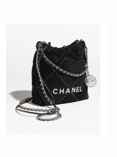 [샤넬] 22 미니 핸드백 스웨이드 카프스킨 실버 메탈 블랙 AS3890