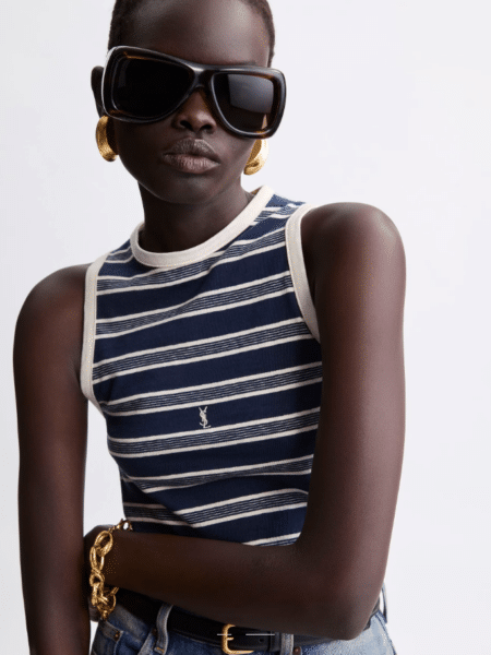 [생로랑] 카산드라 로고 자수 스트라이프 탱크 탑 FF728