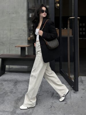 [로에베] 자수 로고 디테일 와이드 레그 팬츠