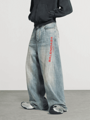 [발렌시아가] 로고 자수 디테일 와이드 레그 데님 진