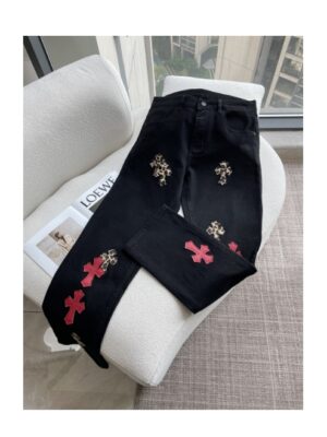 [크롬하츠] 레오파드 레드 크로스 패치 데님 팬츠