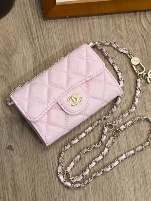 [샤넬] 클래식 핑크 캐비어 카프스킨 체인 카드지갑 샴페인골드 메탈