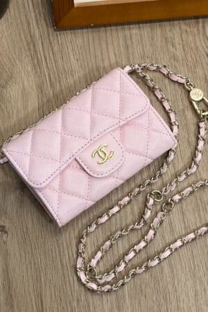 [샤넬] 클래식 핑크 캐비어 카프스킨 체인 카드지갑 샴페인골드 메탈