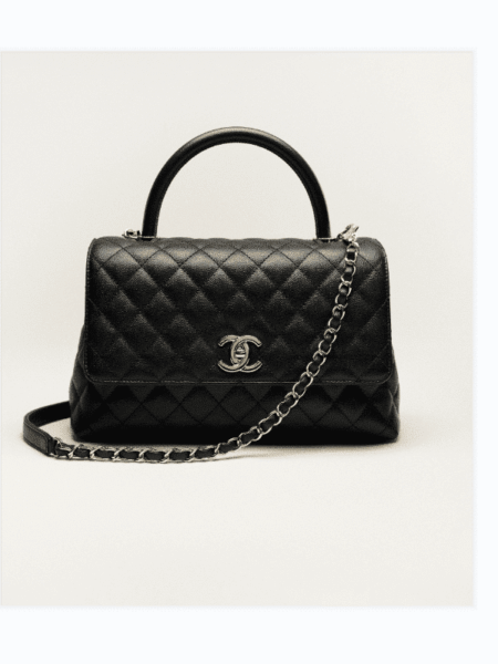 [샤넬] 핸들 장식의 미디엄 플랩 백 캐비어 금장 메탈 블랙 A92991