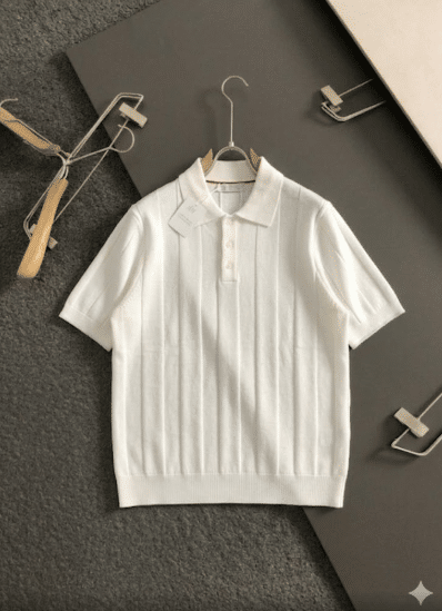 [브루넬로 쿠치넬리] 버티컬 스트라이프 카라 니트 반팔 (3 COLORS)